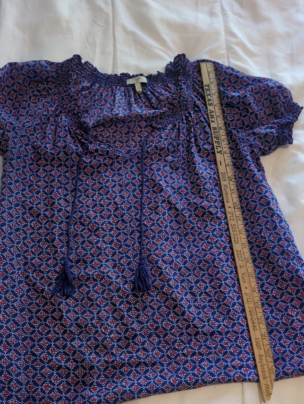 Joie Blue Printed Smocked-Neck Peasant Blouse